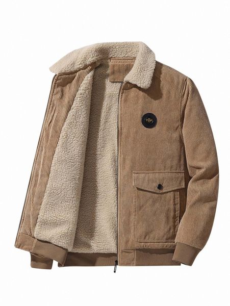 

men borg collar letter patched teddy lined corduroy jacket 84cf#, Black;brown