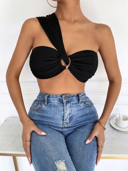 

one shoulder ring ruched bust crop e3wc#, White