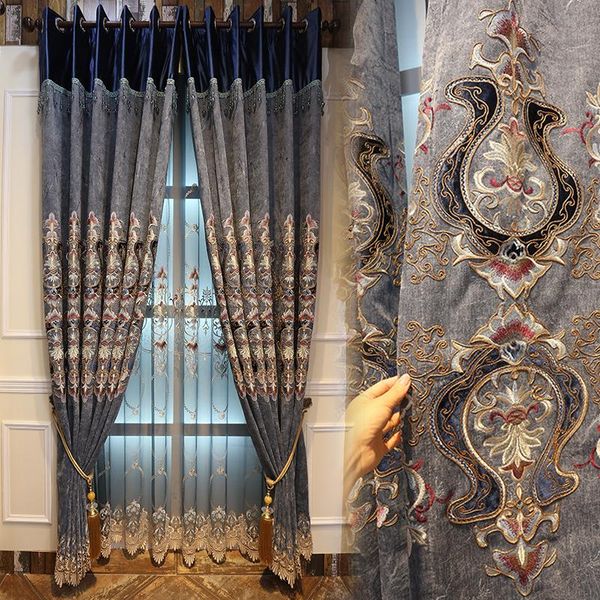 

luxury embossed 3d embroidered lace curtain high-grade chenille fabrics blackout curtains for living room bedroom blinds & drapes