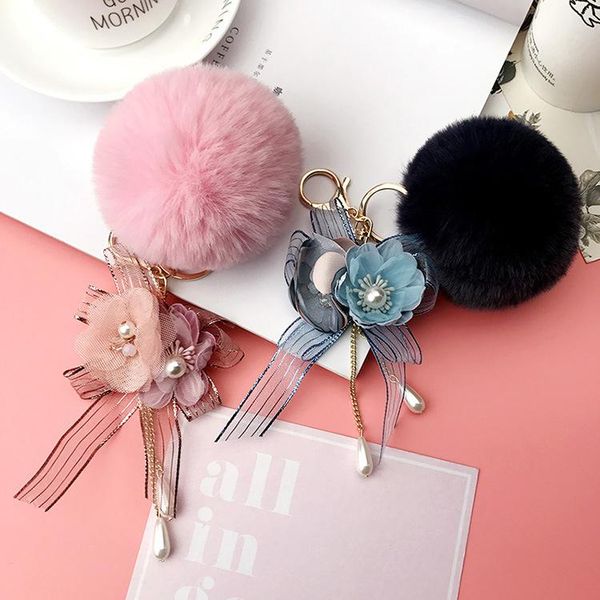 

keychains fashion key chains big pom-pom handmade flowers ribbon bowknot hang accessories keyrings holder for purse bag car, Silver