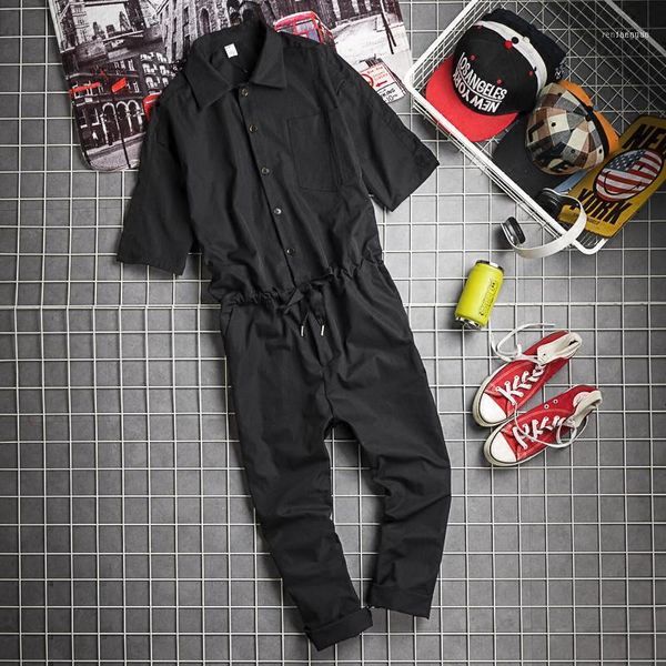 

men's pants summer korean style one-piece trendy solid short sleeve overalls jumpsuit for men casual streetwear punk clothing1, Black
