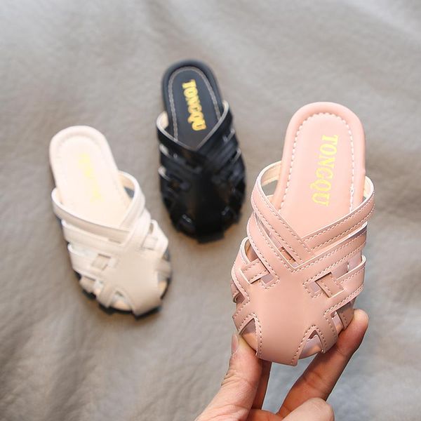 

slipper girls slippers 2021 summer kids leather shoes flats cover toe weave slides beach children household princess shoe, Black;grey