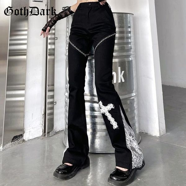 

women's pants & capris goth dark harajuku mall gothic women trousers lace rivet patchwork high waist straight slim autumn grunge emo al, Black;white