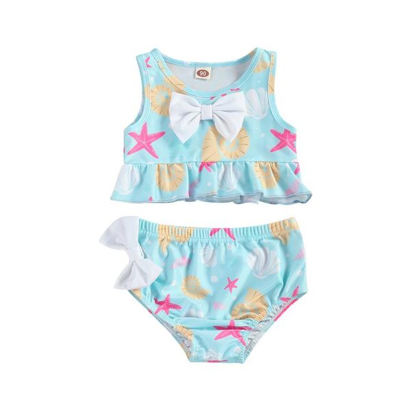 

infant baby girl kids bathing suits shell print bowknot swimwear summer cute ruffle bikini swimming bottoms 0-4y clothing sets, White