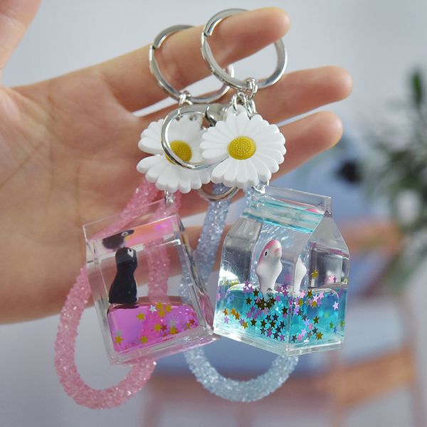 

little daisy acrylic oil milk box quicksand ocean doll key chain ring bag pendanta1, Silver