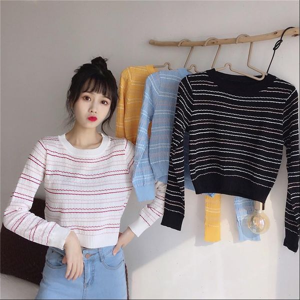 

trendy women sweater stripe contrast color fashion personality navel long sleeve multicolor  drop, White;black