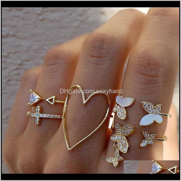 Band Jewelry Drop Delivery 2021 Women Set Vintage Gold Color Ring Sets 5Pcs / Set Size Aperto regolabile Cz Zircon Hollow Heart Butterfly Rings G