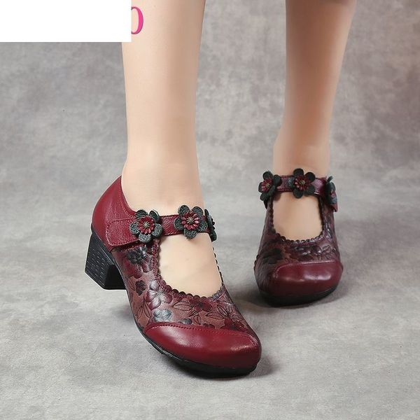 

sandals spring autumn women high heel shoes flowers handmad pumps ladies retro genuine leather round toe thick cvhz, Black