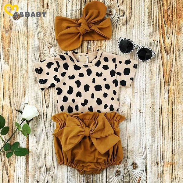 

0-24m summer born toddler baby girl clothes set leopard romper bow shorts headband outfit costumes 210515, White
