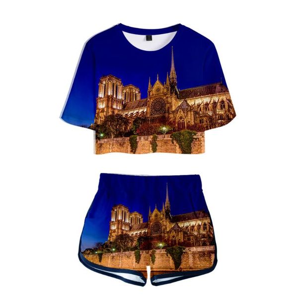 

notre dame de paris swomen set print summer two pieces sets women shorts/crop 2021 kpop plus size women's tracksuits, Gray