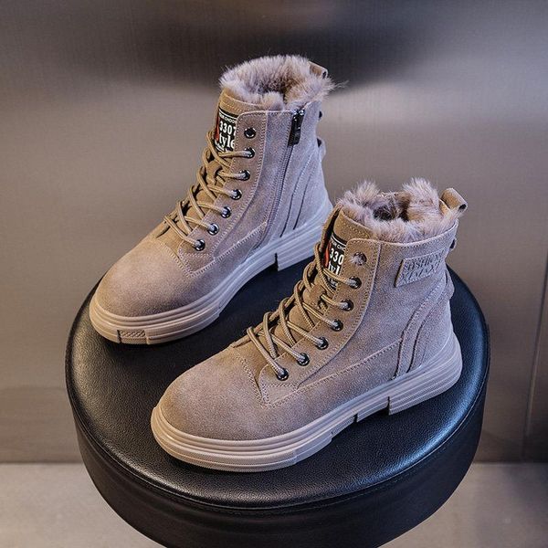 

boots 2022 winter leather snow female fur one autumn and plus velvet all-match cotton shoes short, Black