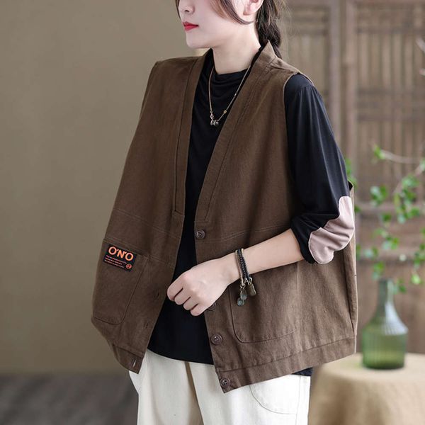 

loose large casual washed cotton autumn v-neck vest women's, White