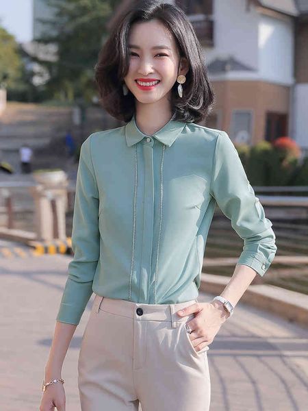 

women's blouses & shirts green white black full sleeve blouse shirt for office lady turn-down collar long women work wear formal size
