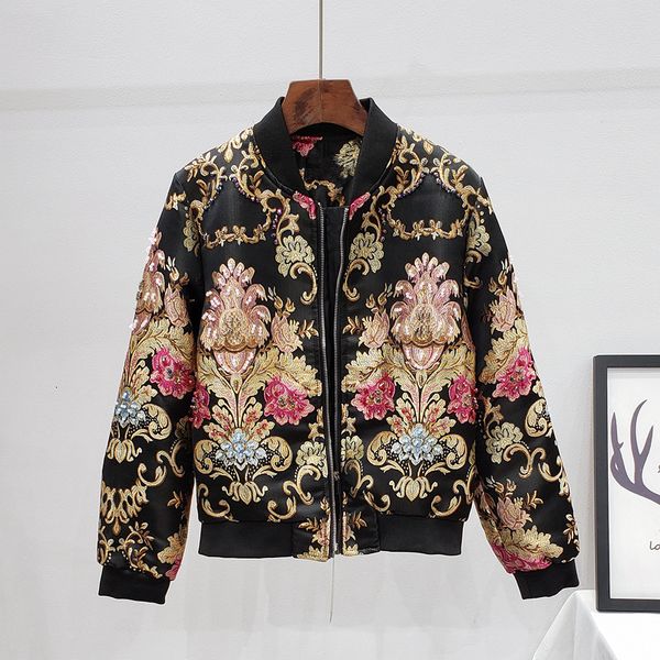 

women's jackets vintage floral embroidery black baseball jacket coat women beading flowers bomber autumn loose zipper outerwear fe, Black;brown