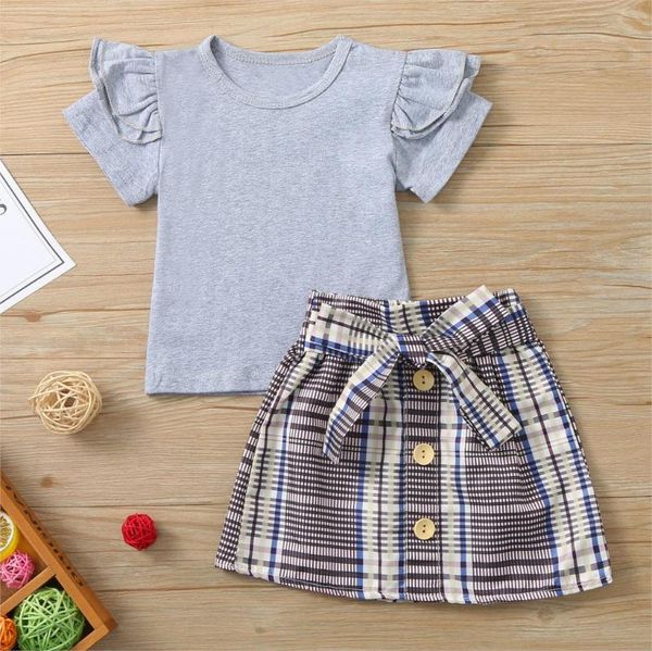 

#48 toddler girl summer clothes 6m-5t baby girls solid color ruffles t-shirt plaid skirts set outfits ropa de niÃ±a clothing sets, White