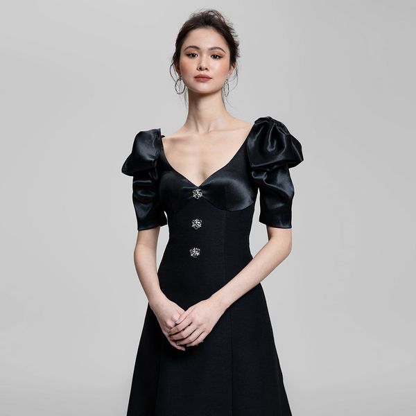

summer women off shoulder black v-neck bandage dresses button short sleeve night club celebrity runway party 210423, Black;gray