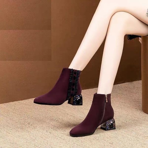 

boots 2021 autumn and winter round toe nude thick heel rhinestone side zipper mid-heel short women, Black