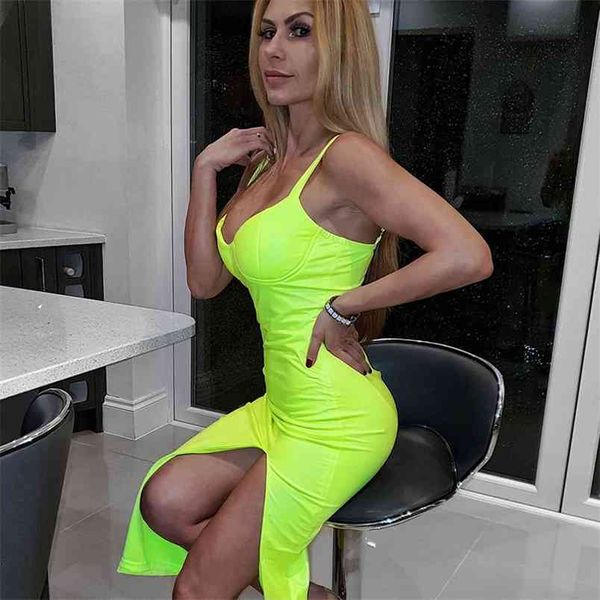 Bayanlar Seksi Bodycon Split Elbiseler Neon Yeşil Kayış Spagetti Kolsuz Ünlü Parti Kulübü Moda Kadınlar Yaz 210517