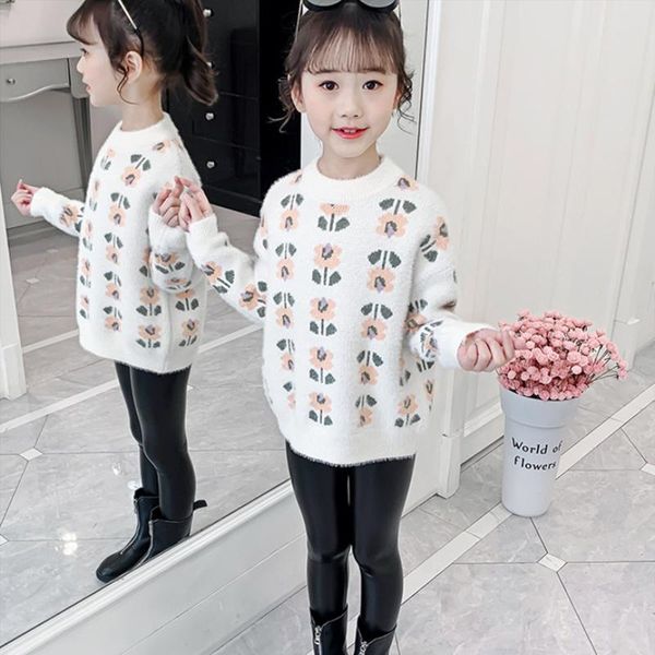 

pullover girls sweater baby's coat outwear 2021 flower plus velvet thicken warm winter autumn knitting jacket children's clothing, Blue