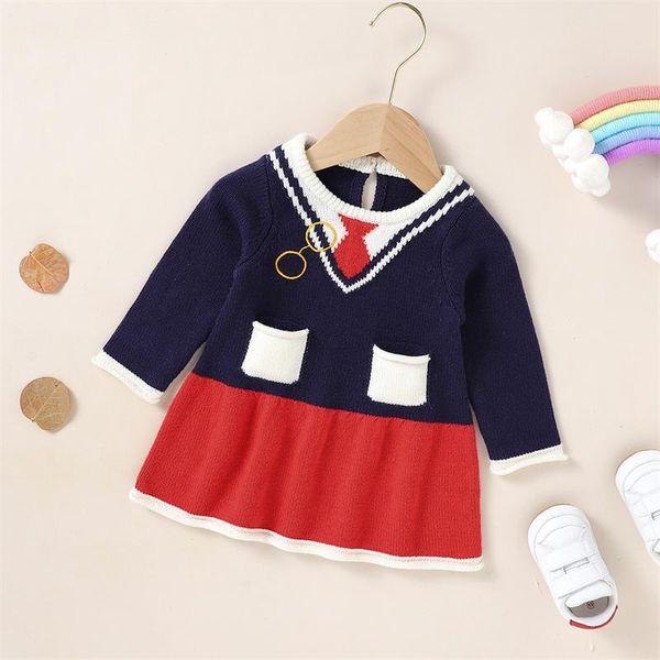 

girl's dresses 0-18 months baby girls casual knitted dress variegated color round collar long sleeve party toddlers infants short skirt, Red;yellow