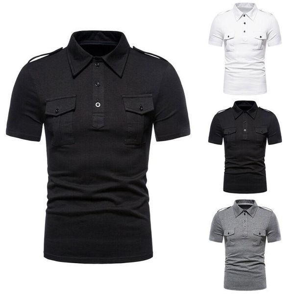 

men's polos men summer 2021 short sleeve slim t-shirt solid neck workwear shirt pockets turn-down collar man's clothing, White;black