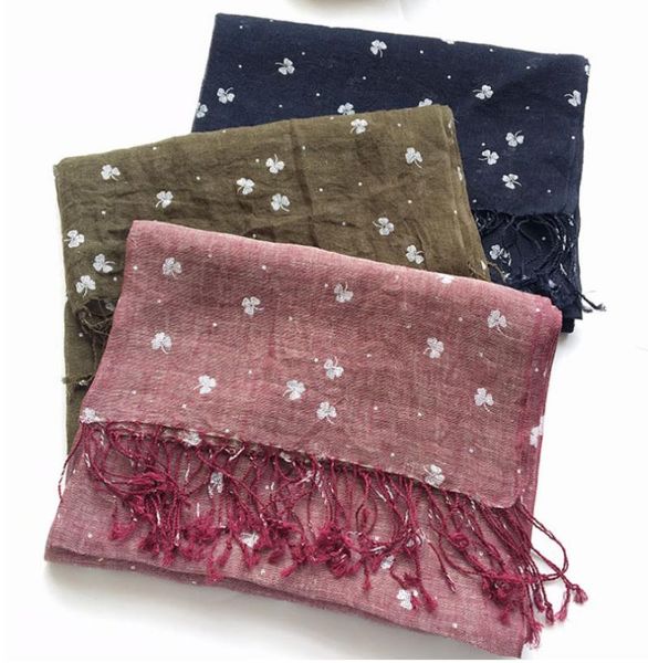 

scarves linen scarf shawl women summer autumn clover printed wrap, Blue;gray