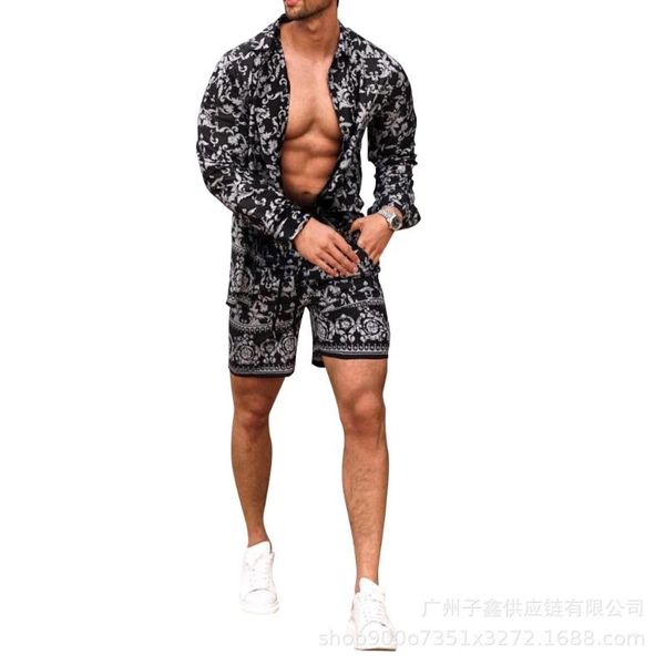 

men's tracksuits men sets summer 2021 lapel print long sleeve shirts short pants casual youth slim mens beach suit fashion clothing, Gray
