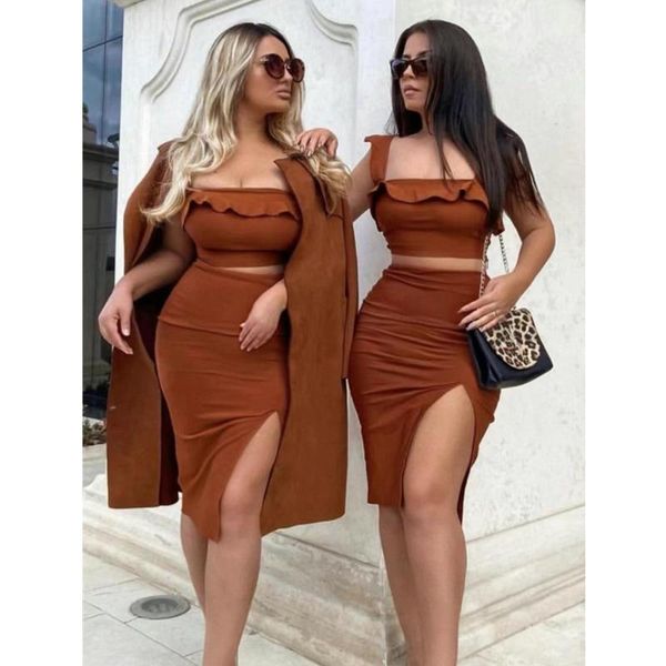 

women summer style sleeveless rufflesa brown split backless two piece black bandage set 2021 celebrity fashion women's tracksuits, Gray