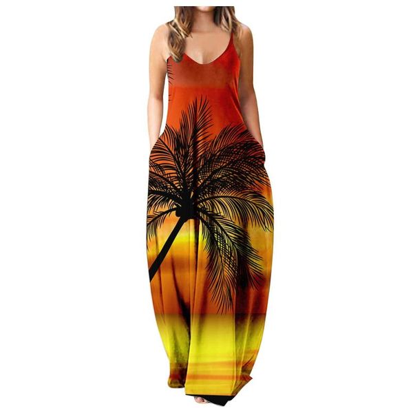 

casual dresses plus size women clothing summer dress print drawstring maxi gradient rendering sling long vestido de mujer, Black;gray