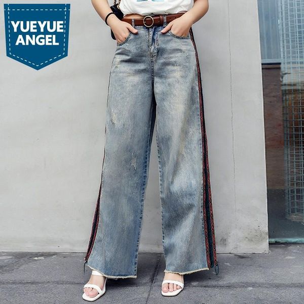 

summer thin high waist straight jeans women loose fit embroidery full length wide leg denim pants fashion streetwear female women's, Blue