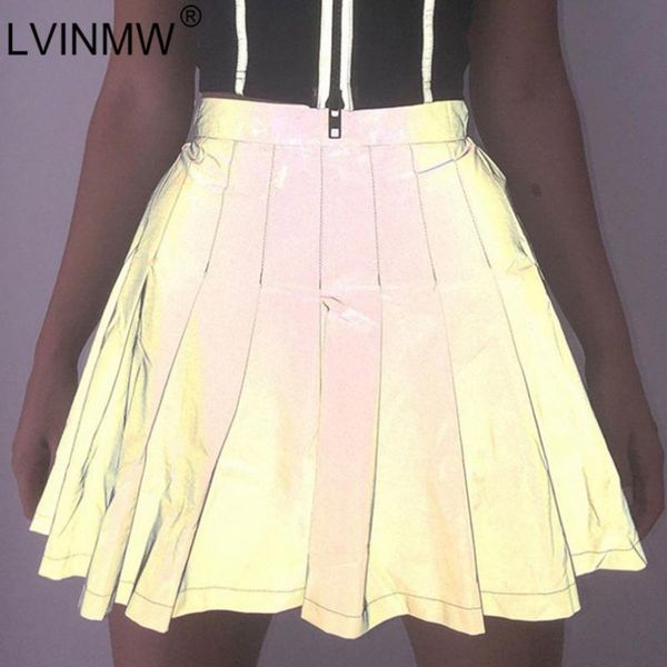 

skirts lvinmw gray pleated back zipper a line 2021 summer women reflective shiny high waist mini female party club, Black