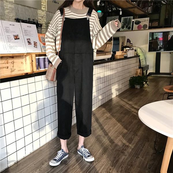 

women's jumpsuits & rompers black casual loose women wide leg trousers plus size female students preppy style denim with pockets cotton, Black;white
