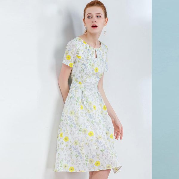 

white dress women floral printed a-line o neck 2021 summer short sleeve one-piece high waist spring casual dresses, Black;gray