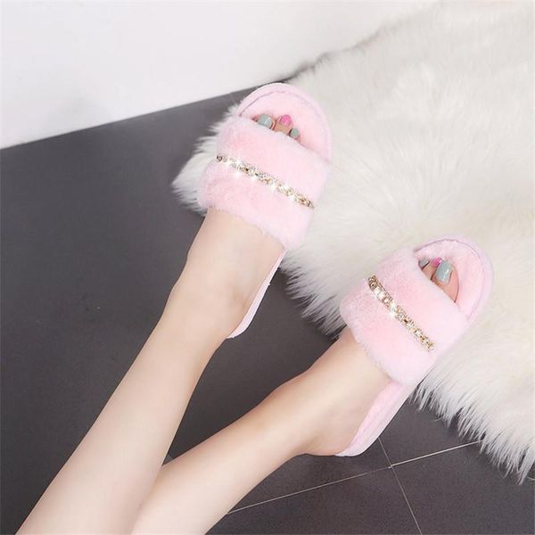 

women fluffy house slippers winter plush open toe soft flat shoes warm pink faux fur slipper home female furry slides, Black