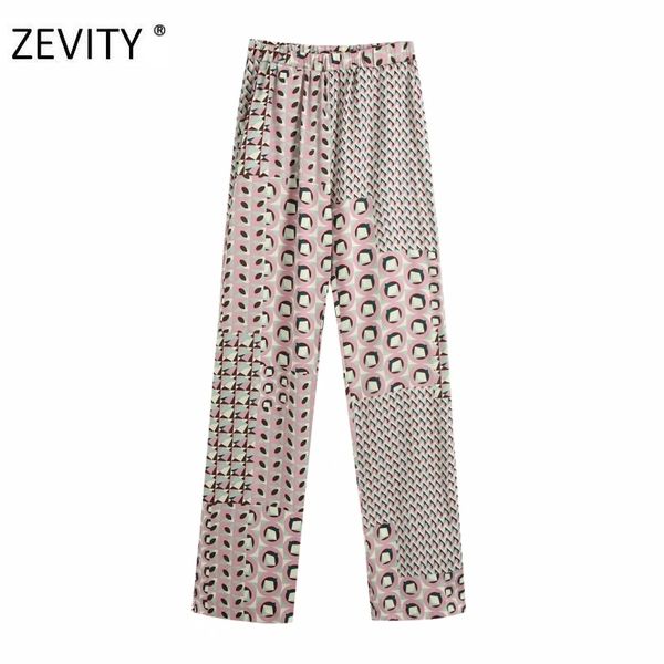 

zevity women vintage geometric print wide leg pants female elastic waist casual trousers office wear retro pantalones mujer p900 210419, Black;white
