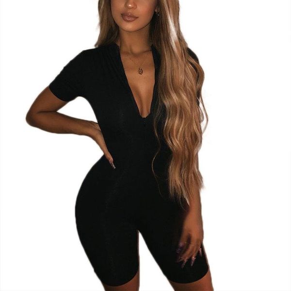 

women summer front zipper playsuit short sleeve romper bodycon bodysuit ladies stretch v-neck leotard gym sports women's jumpsuits & ro, Black;white