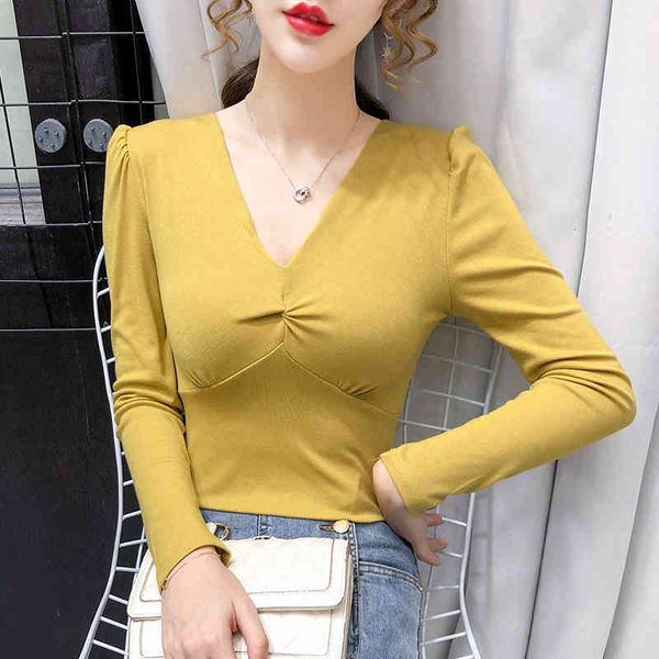 

women's sweaters gkfnmt short shirt with long sleeves, women's t-shirt slim, sexy, v-collar, korean cotton, clothes 8w7n, White;black