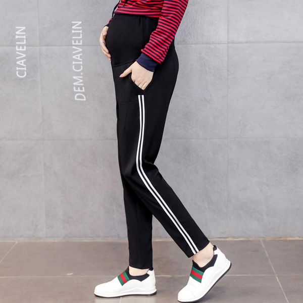 

maternity bottoms 116# pants spring autumn casual loose comfy belly support elastic waist striped trousers, White