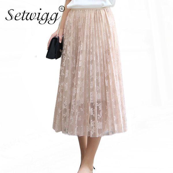 

Skirts skirts Spring Sweet Long Pleated Elastic Waist High Floral Lace Mesh Perspective Lined Mid-calf S 74N3, Black