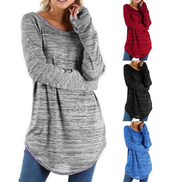 

t-shirt fashion women's solid color women's irregular long sleeve round neck top, White