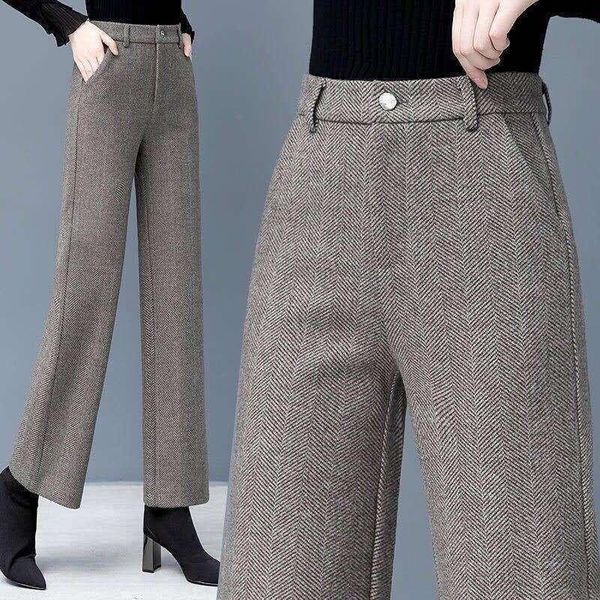 

women's pants & capris 2021 autumn winter women solid woolen female slim plus size high waisted casual straight lady wide leg trousers, Black;white