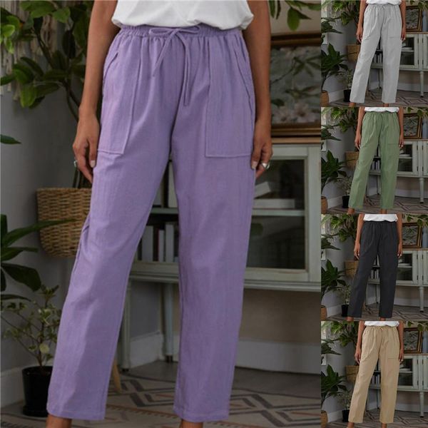 

women's pants & capris women casual harajuku long ankle length trousers 2021 summer autumn large solid elastic waist cotton linen black, Black;white