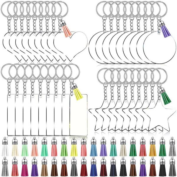 

keychains 108pcs acrylic clear round star rectangle heart shape blanks keychain tassel set, Silver