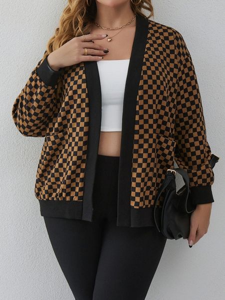 

plus checker print double pocket drop shoulder jacket y6bd#, Black