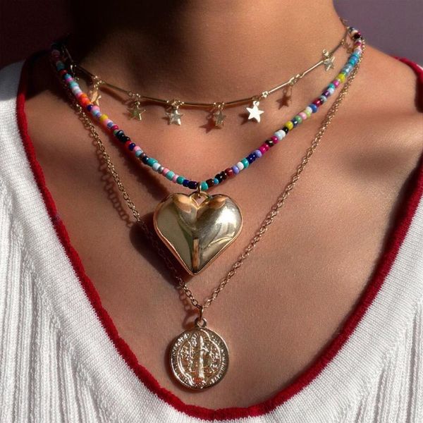 

chains multilayer vintage colorful beads chain metal coin heart pendant necklace for women golden portrait clavicle handmade, Silver