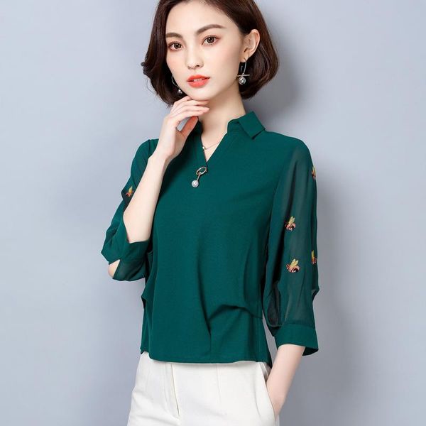 

women's blouses & shirts korean summer chiffon shirt women embroidery loose plus size blouse female v collar seven quarter sleeve work, White