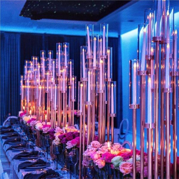 

candle holders wedding centerpieces event decoration square base 12 arms gold metal poles crystal acrylic tube candelabra ab0045