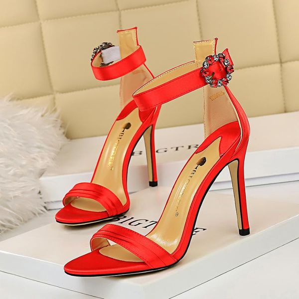 

european and american style stiletto high heels women's satin open-toe sandals with rhinestone buckle pointed toe women slippers, Black