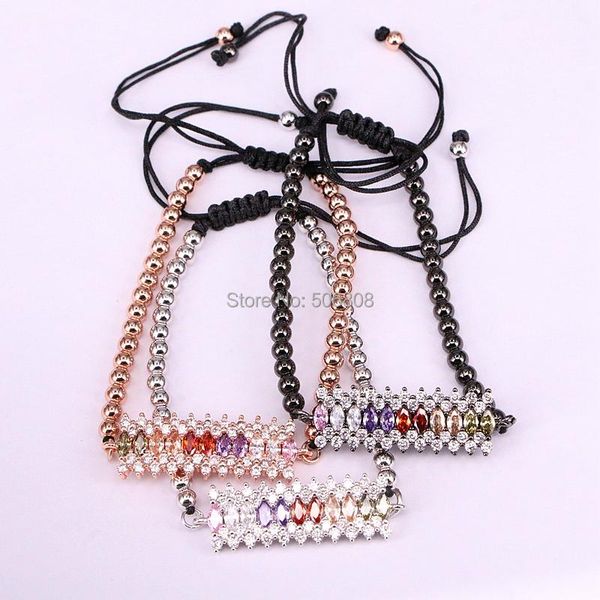 

charm bracelets 6pcs zyz-b0665 multi cz zircon 4mm copper beads rectangle bar bracelet for men women adjustable macrame jewelry, Golden;silver