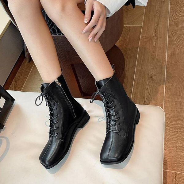 

boots women pu leather cross tied short ladies zipper square heels toe shoes female ankle solid sewing 2021, Black